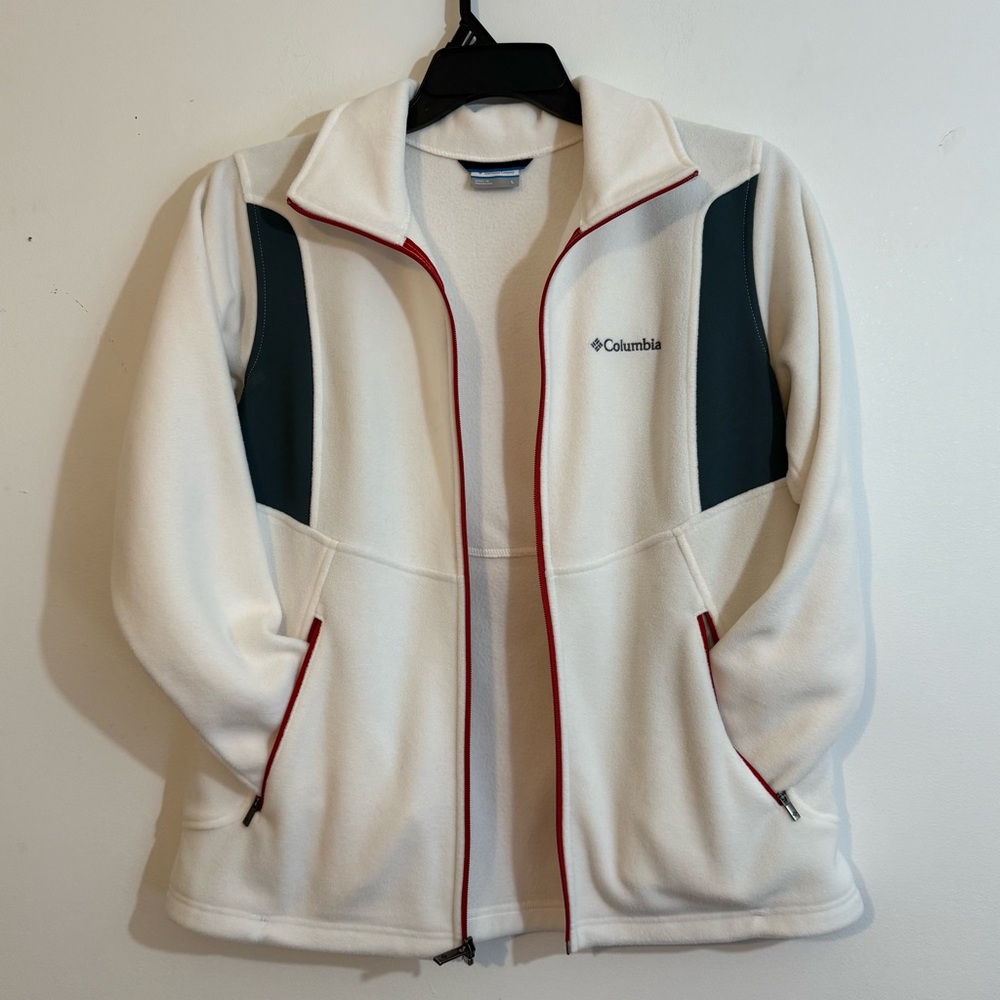 Columbia Women’s Fleece Jacket L Off White Red Zip Gray Colorblock Yellow Cuffs
